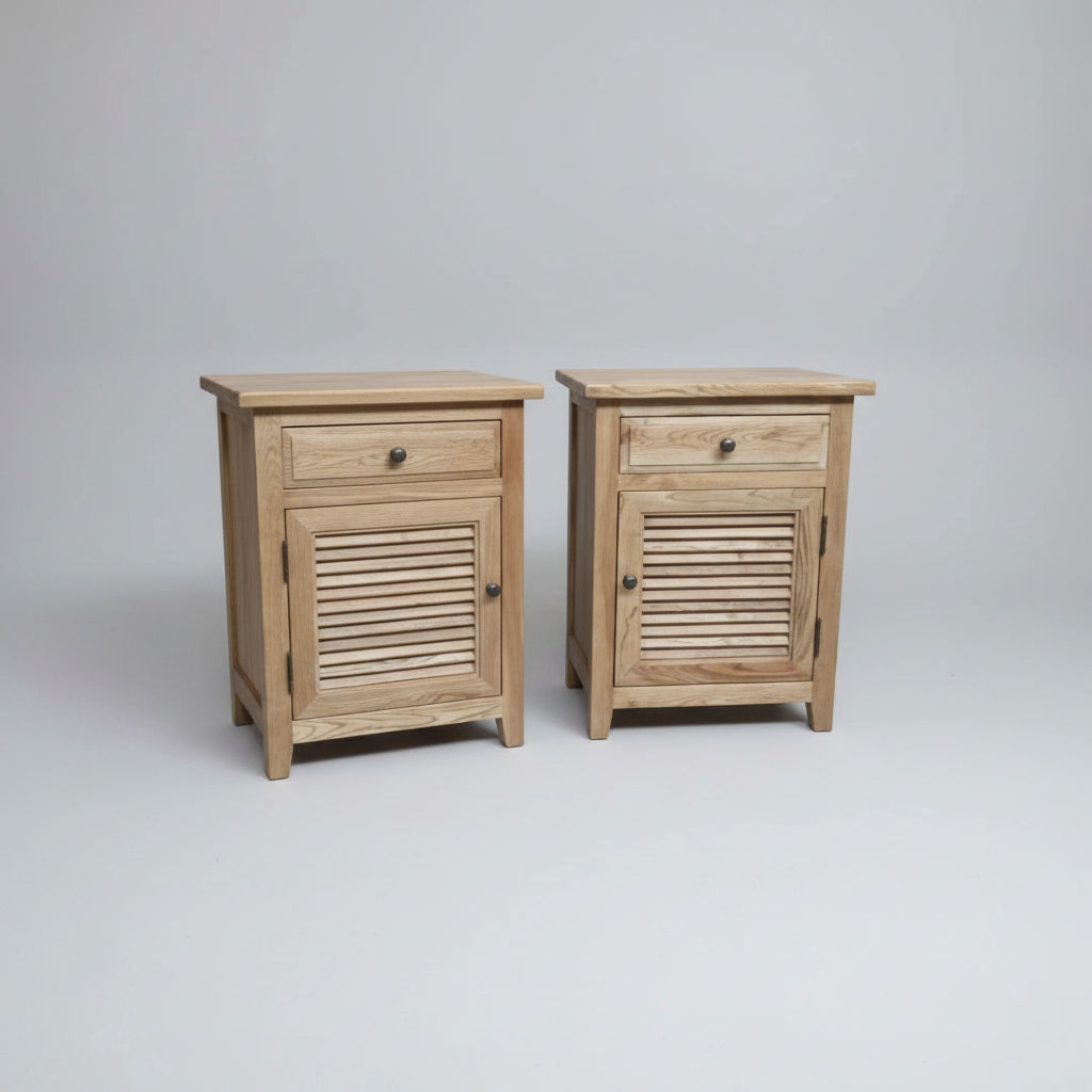 2 X PALM BEACH SOLID OAK LOUVRE STYLE BEDSIDE TABLE 1 DRAWER & 1 DOOR - MyChocolateWood
