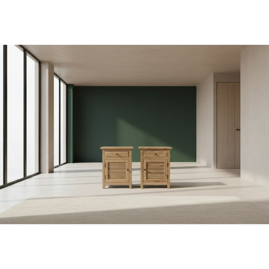 2 X PALM BEACH SOLID OAK LOUVRE STYLE BEDSIDE TABLE 1 DRAWER & 1 DOOR - MyChocolateWood