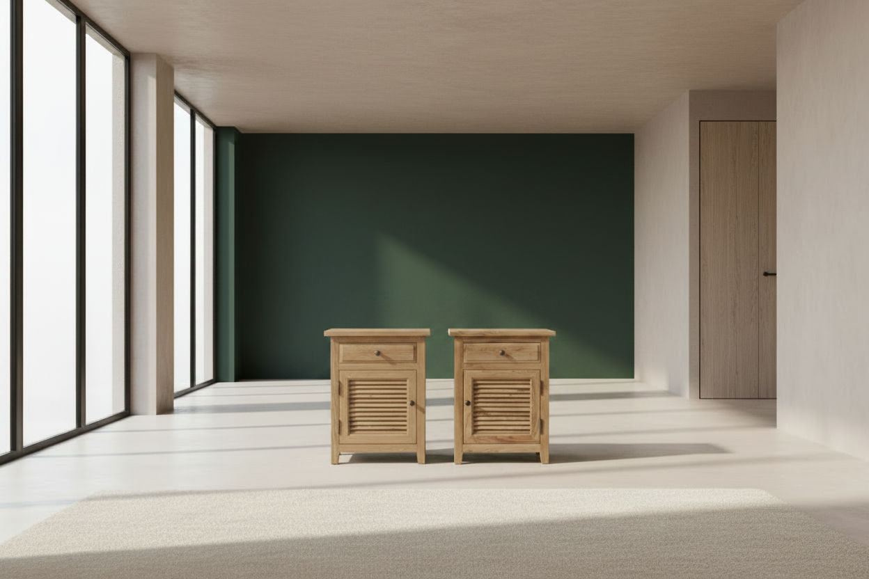 2 X PALM BEACH SOLID OAK LOUVRE STYLE BEDSIDE TABLE 1 DRAWER & 1 DOOR - MyChocolateWood