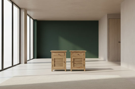 2 X PALM BEACH SOLID OAK LOUVRE STYLE BEDSIDE TABLE 1 DRAWER & 1 DOOR - MyChocolateWood