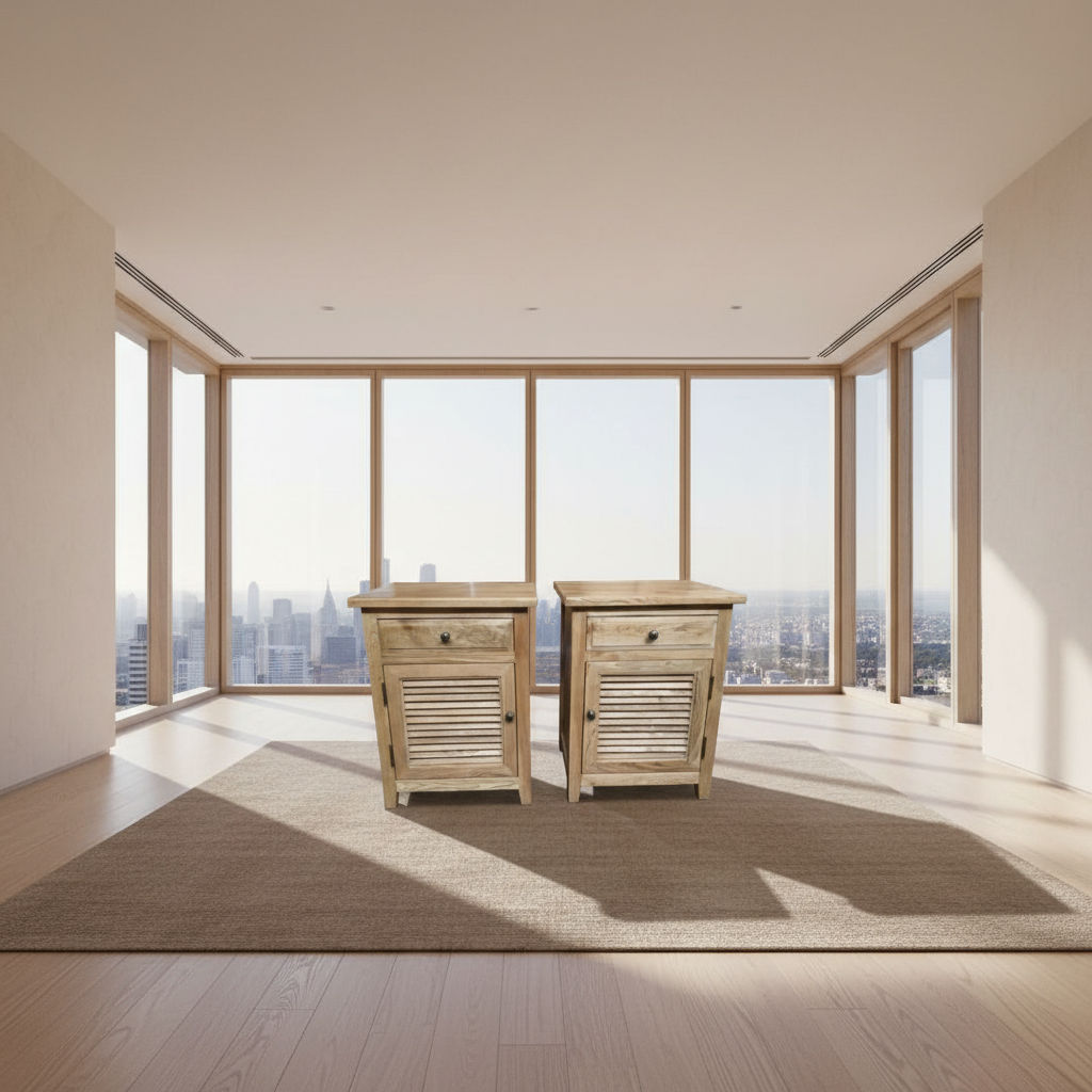 2 X PALM BEACH SOLID OAK LOUVRE STYLE BEDSIDE TABLE 1 DRAWER & 1 DOOR - MyChocolateWood