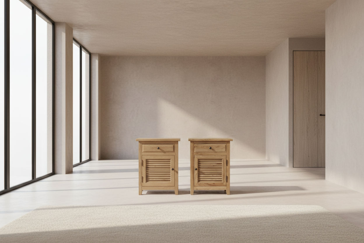 2 X PALM BEACH SOLID OAK LOUVRE STYLE BEDSIDE TABLE 1 DRAWER & 1 DOOR - MyChocolateWood