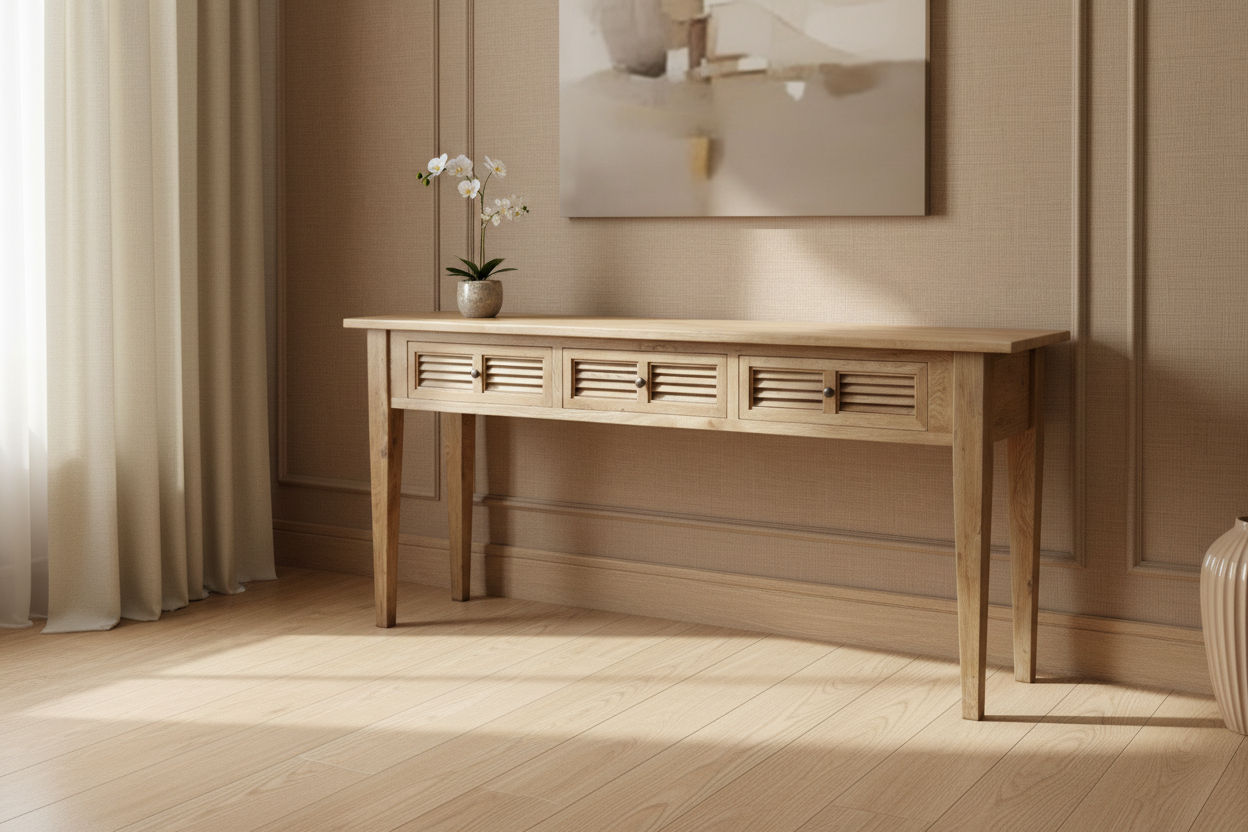 PALM BEACH SOLID OAK LOUVRE STYLE HALL TABLE/CONSOLE TABLE 3 DRAWERS  IN SOLID OAK - MyChocolateWood