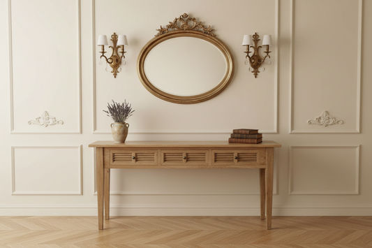 PALM BEACH SOLID OAK LOUVRE STYLE HALL TABLE/CONSOLE TABLE 3 DRAWERS  IN SOLID OAK - MyChocolateWood