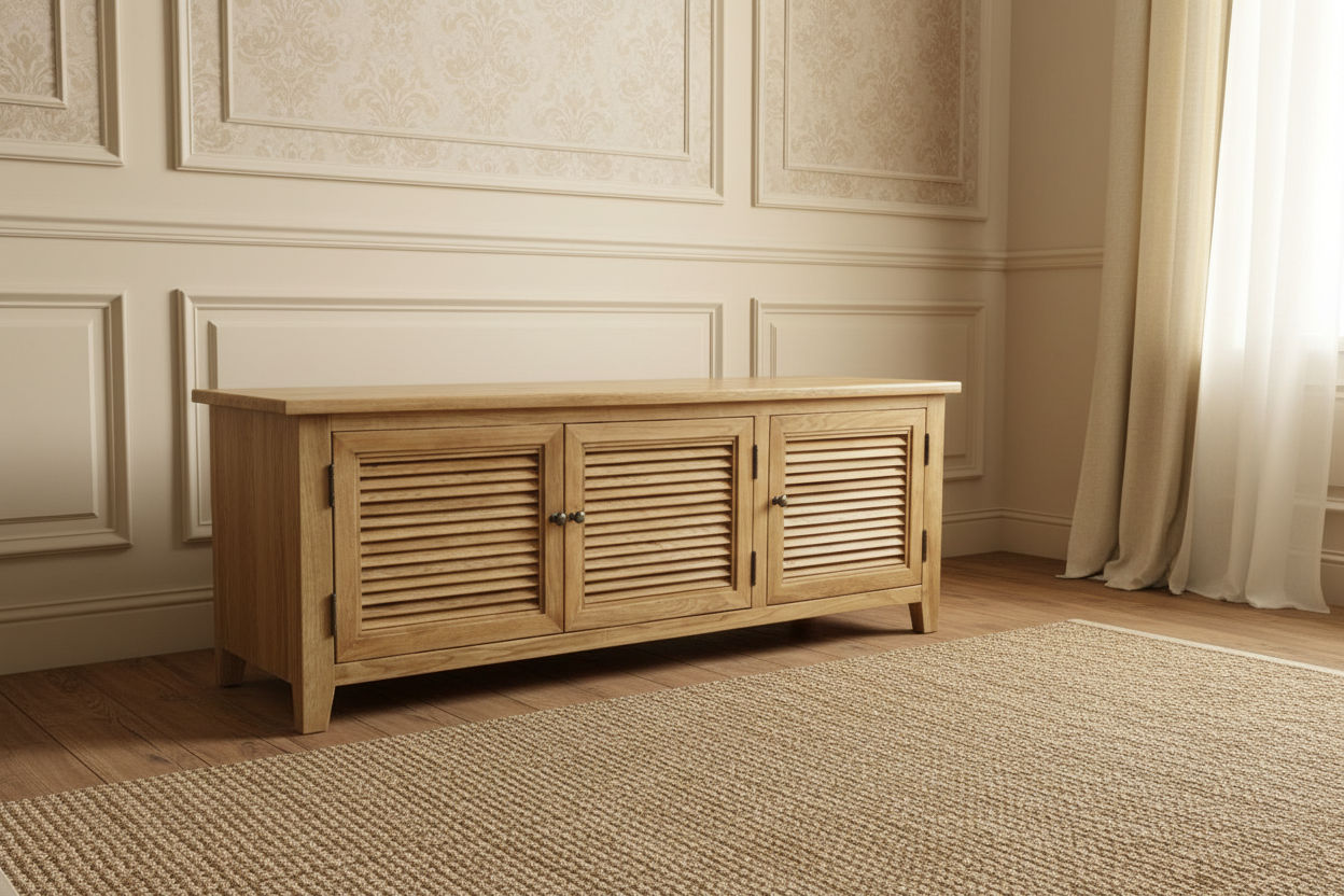 PALM BEACH TV/ENTERTAINMENT UNIT 3 DOORS LOUVRE STYLE IN SOLID OAK - MyChocolateWood
