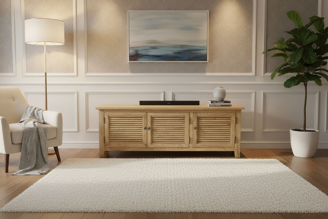 PALM BEACH TV/ENTERTAINMENT UNIT 3 DOORS LOUVRE STYLE IN SOLID OAK - MyChocolateWood
