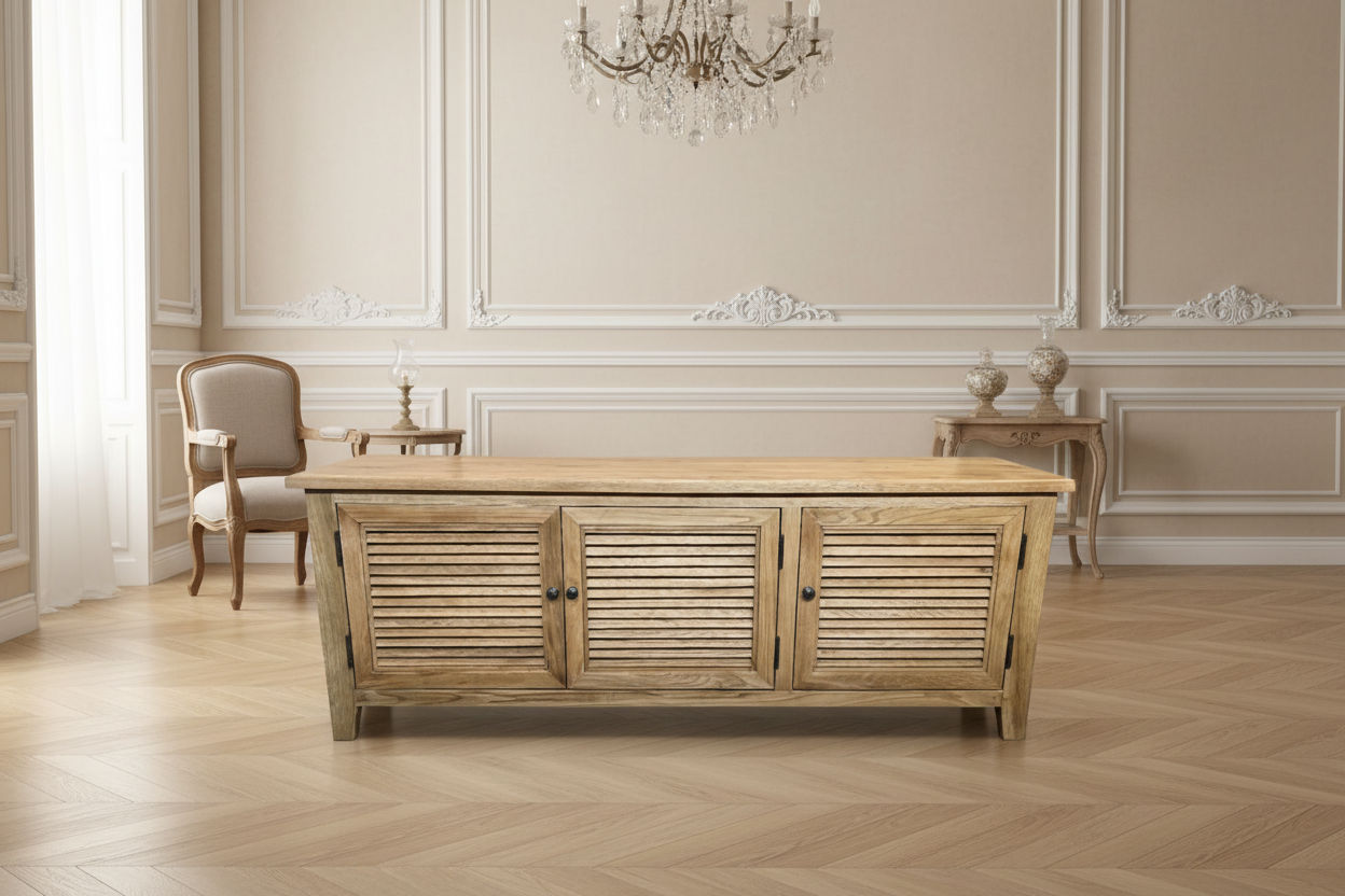 PALM BEACH TV/ENTERTAINMENT UNIT 3 DOORS LOUVRE STYLE IN SOLID OAK - MyChocolateWood