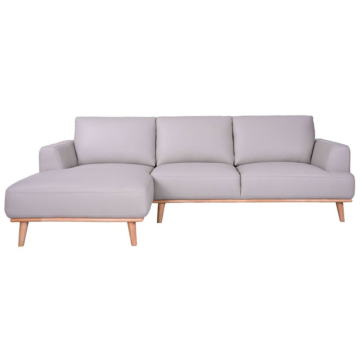 Pamela 2.5-Seater Chaise Italian Leather Modular Sofa in Light Grey, Left - Chocolate Wood