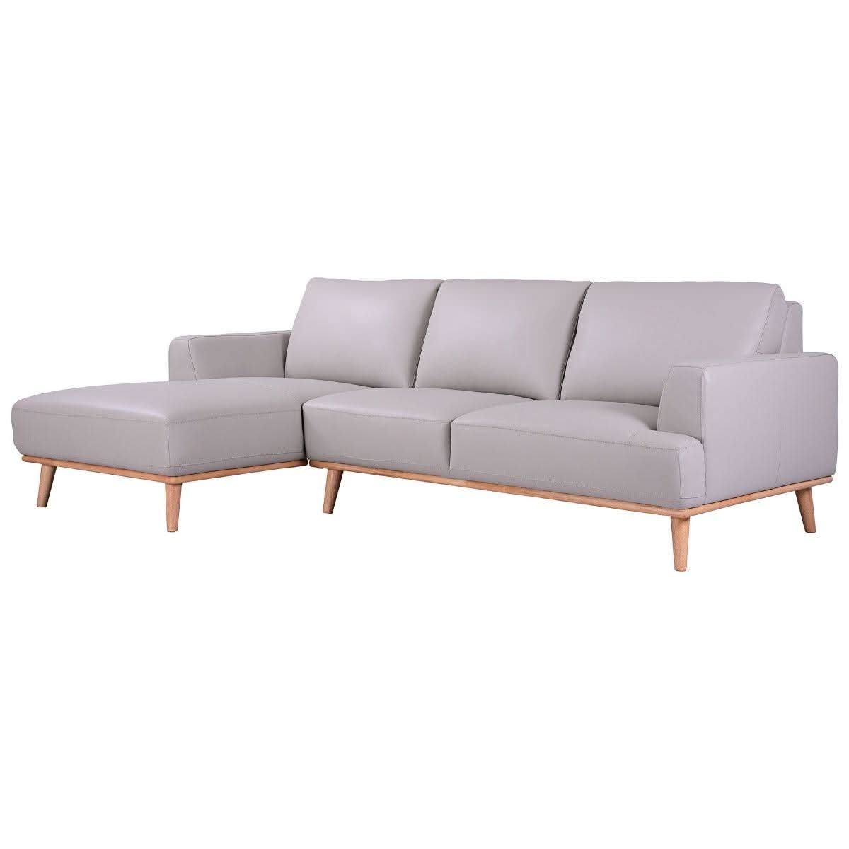 Pamela 2.5-Seater Chaise Italian Leather Modular Sofa in Light Grey, Left - Chocolate Wood