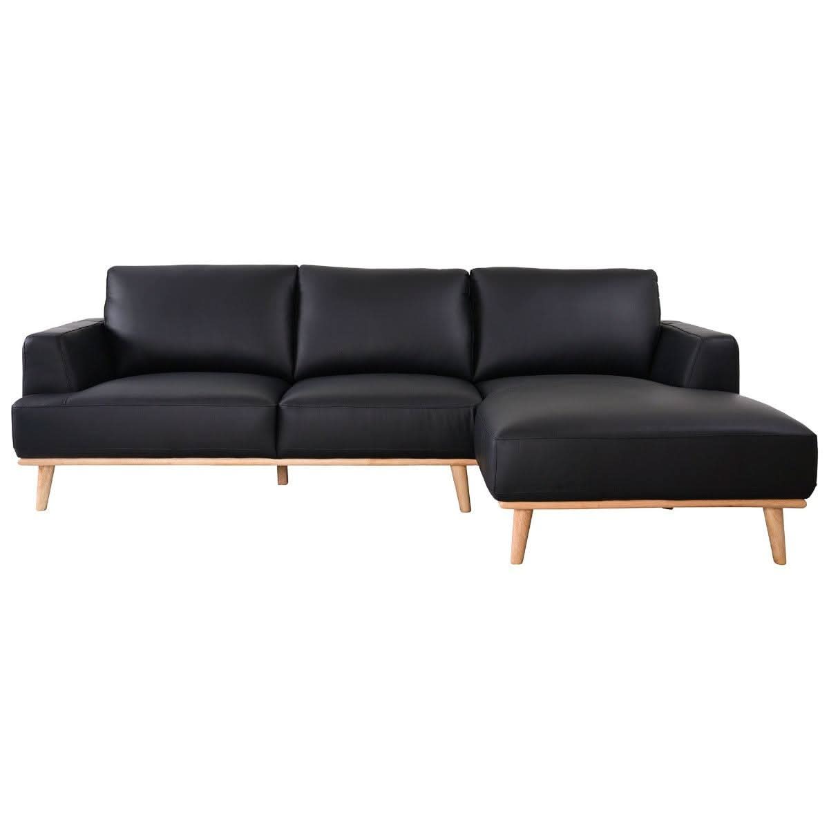Pamela 2.5-Seater Chaise Italian Leather Modular Sofa in Black, Right - Chocolate Wood