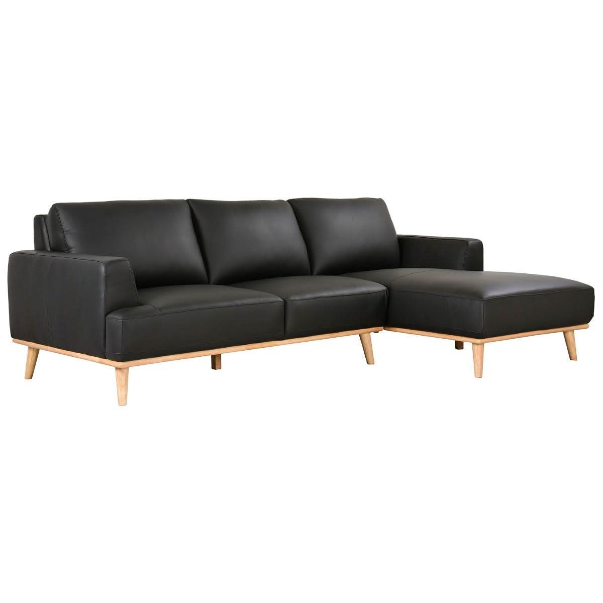 Pamela 2.5-Seater Chaise Italian Leather Modular Sofa in Black, Right - Chocolate Wood