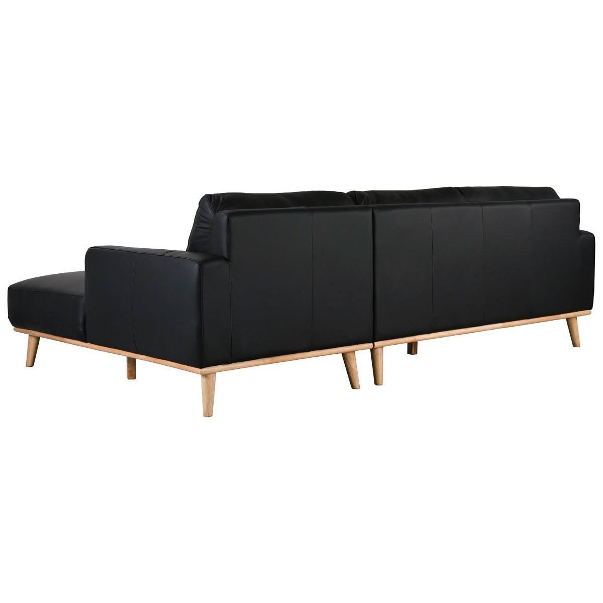 Pamela 2.5-Seater Chaise Italian Leather Modular Sofa in Black, Right - Chocolate Wood