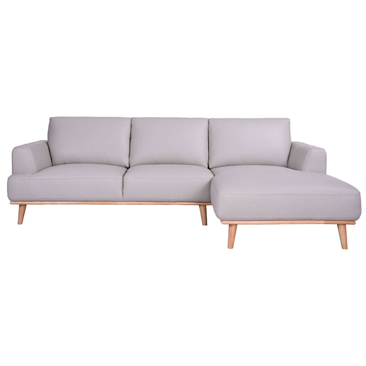 Pamela 2.5-Seater Chaise Italian Leather Modular Sofa in Light Grey, Right - Chocolate Wood