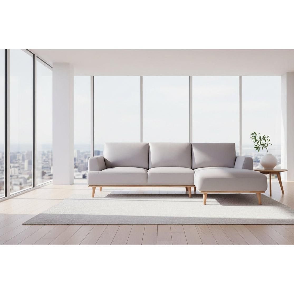 Pamela 2.5-Seater Chaise Italian Leather Modular Sofa in Light Grey, Right - Chocolate Wood
