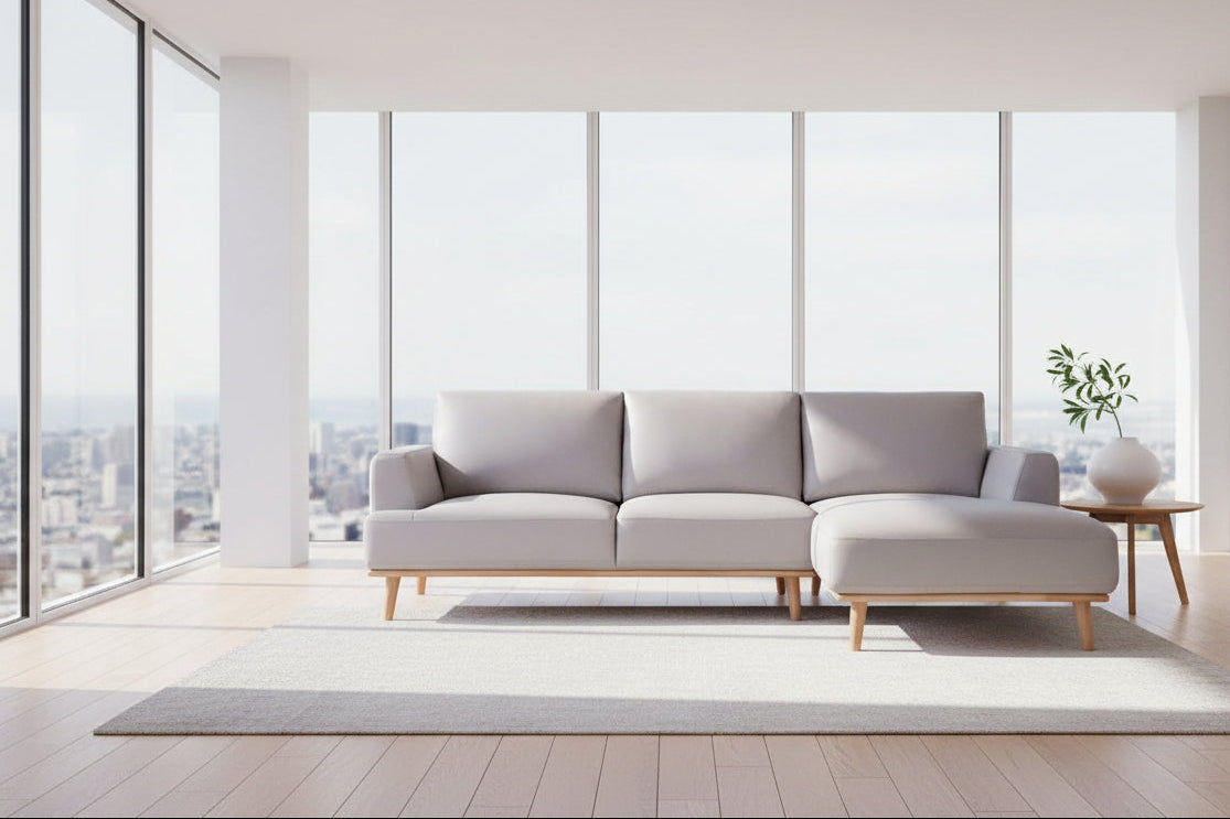 PAMELA 2.5-SEATER RHF CHAISE ITALIAN LEATHER MODULAR SOFA, IN LIGHT GREY - MyChocolateWood