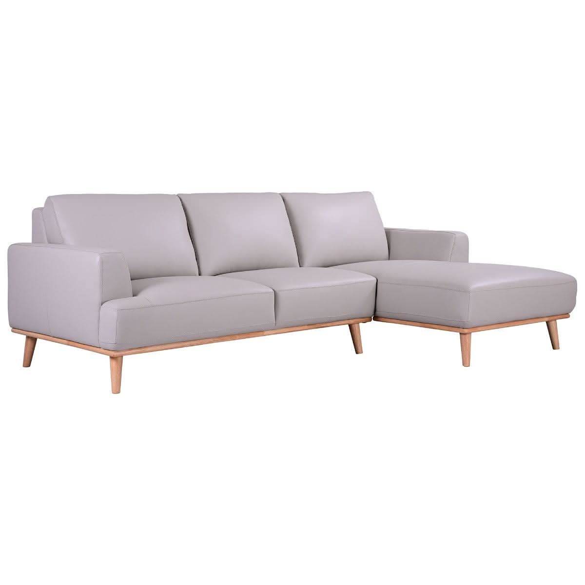 Pamela 2.5-Seater Chaise Italian Leather Modular Sofa in Light Grey, Right - Chocolate Wood