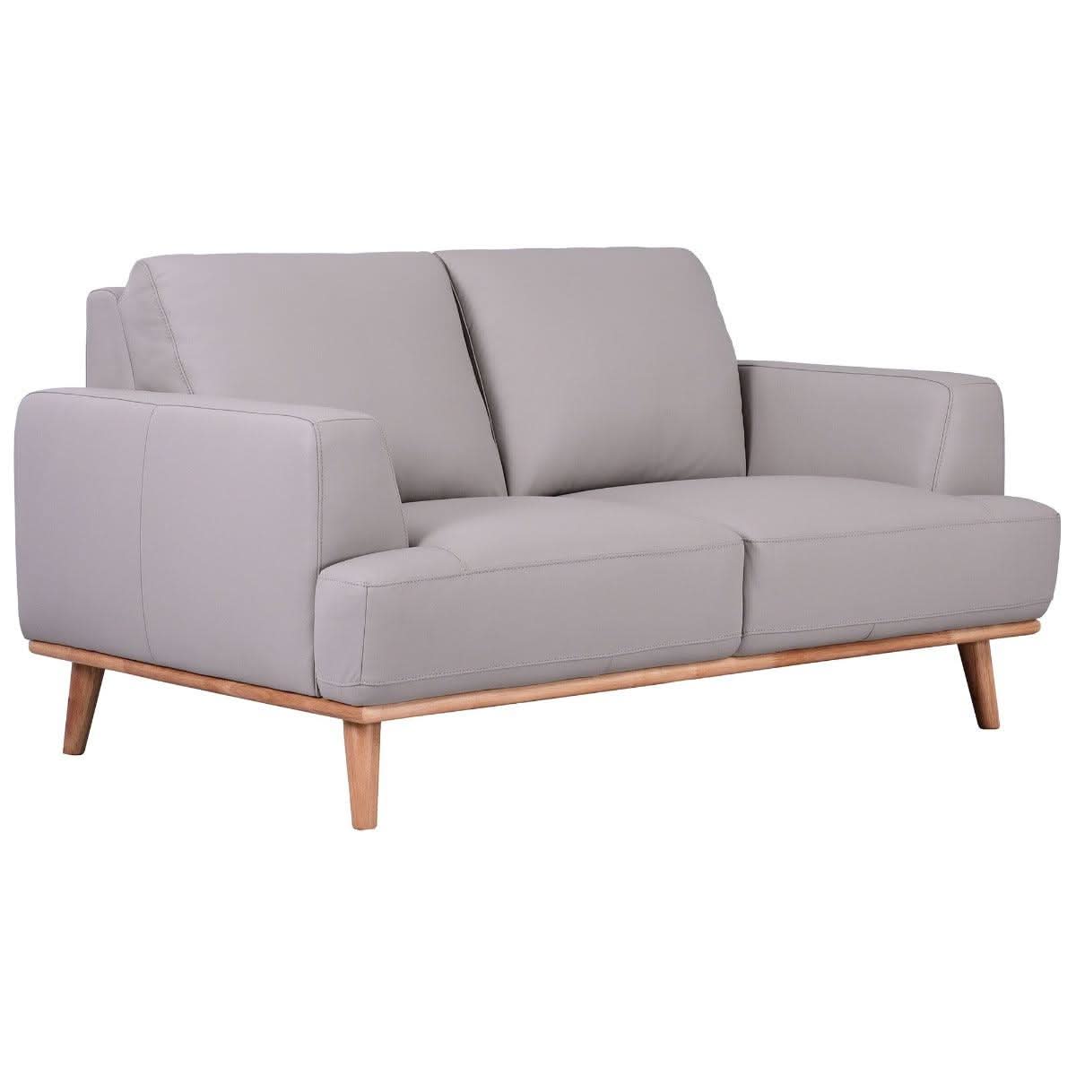 Pamela 2-Seater Italian Leather Sofa in Light Grey - Chocolate Wood