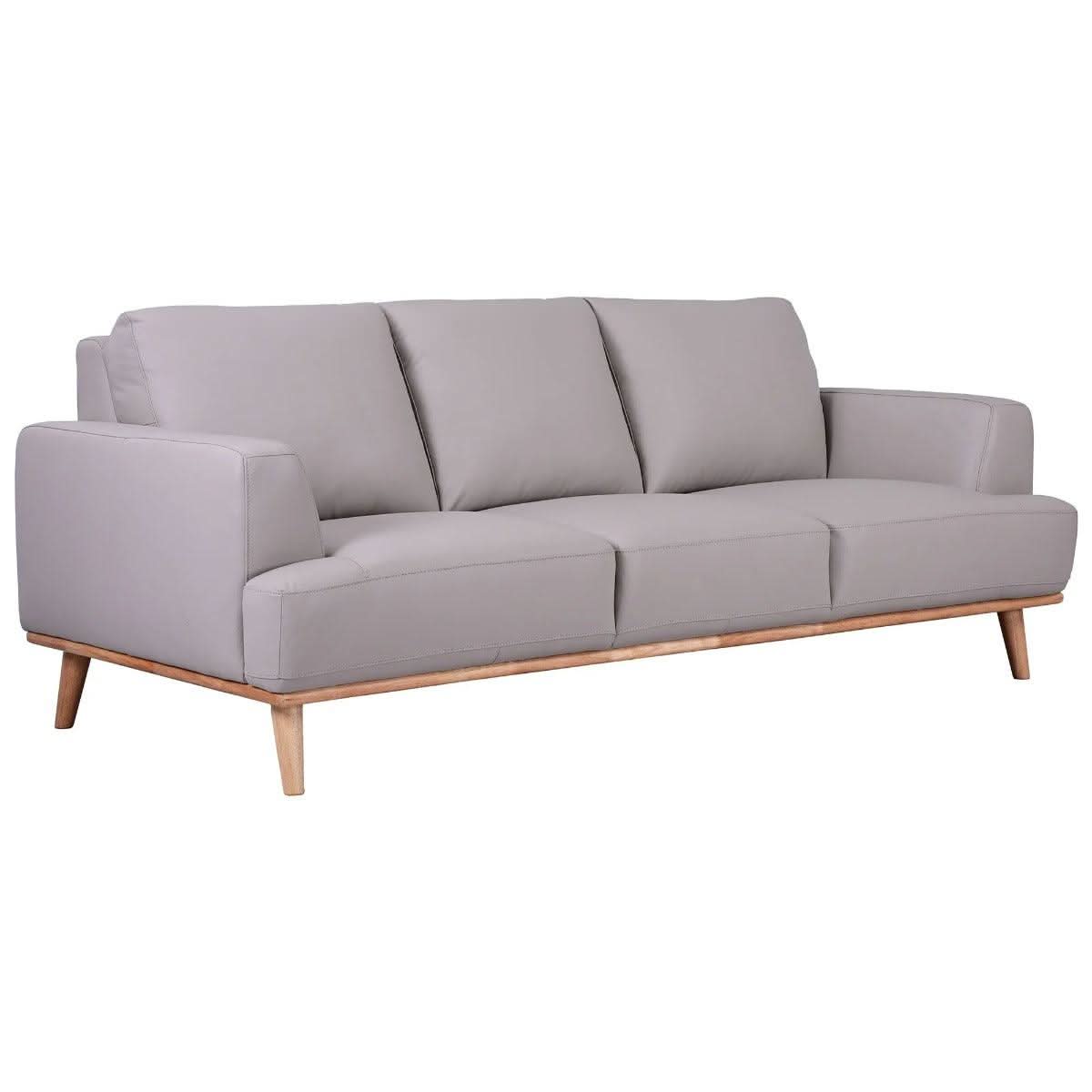 Pamela 3-Seater Italian Leather Sofa in Light Grey - Chocolate Wood