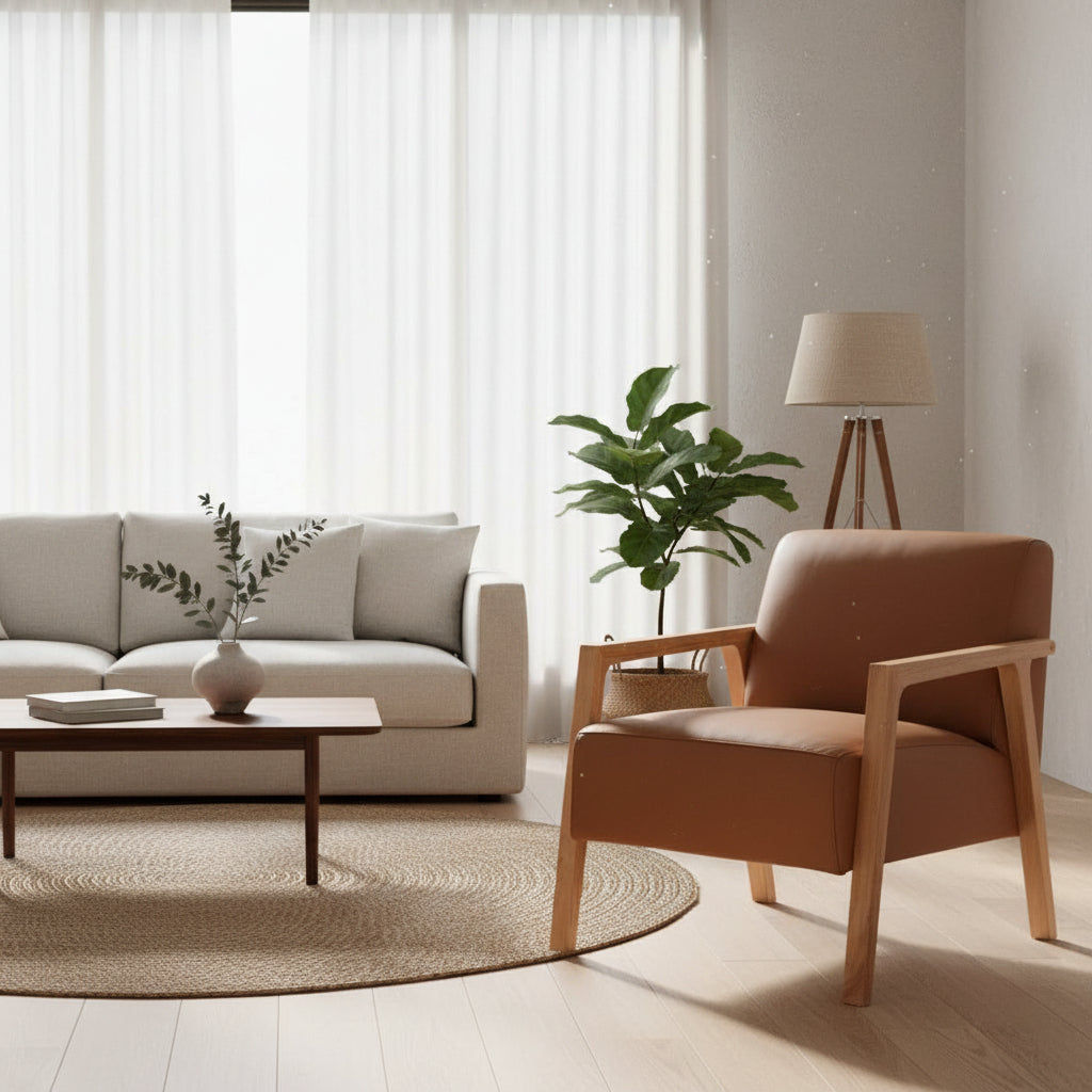 Pamela Contemporary Italian Leather Armchair in Tan - Chocolate Wood