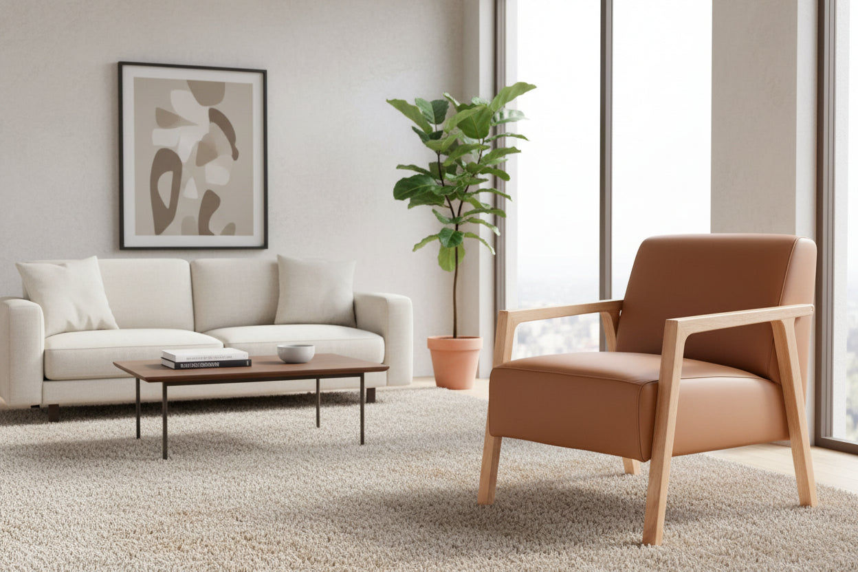 Pamela Contemporary Italian Leather Armchair in Tan - Chocolate Wood
