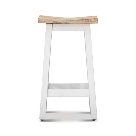 Papaya solid mango wood kitchen stool with distressed whitewash finish, featuring a white base and natural mango wood top.