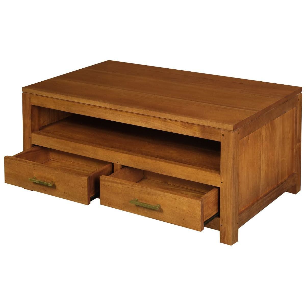 PARIS SOLID MAHOGANY TIMBER COFFEE TABLE 4 DRAWERS LIGHT PECAN 100CM - MyChocolateWood