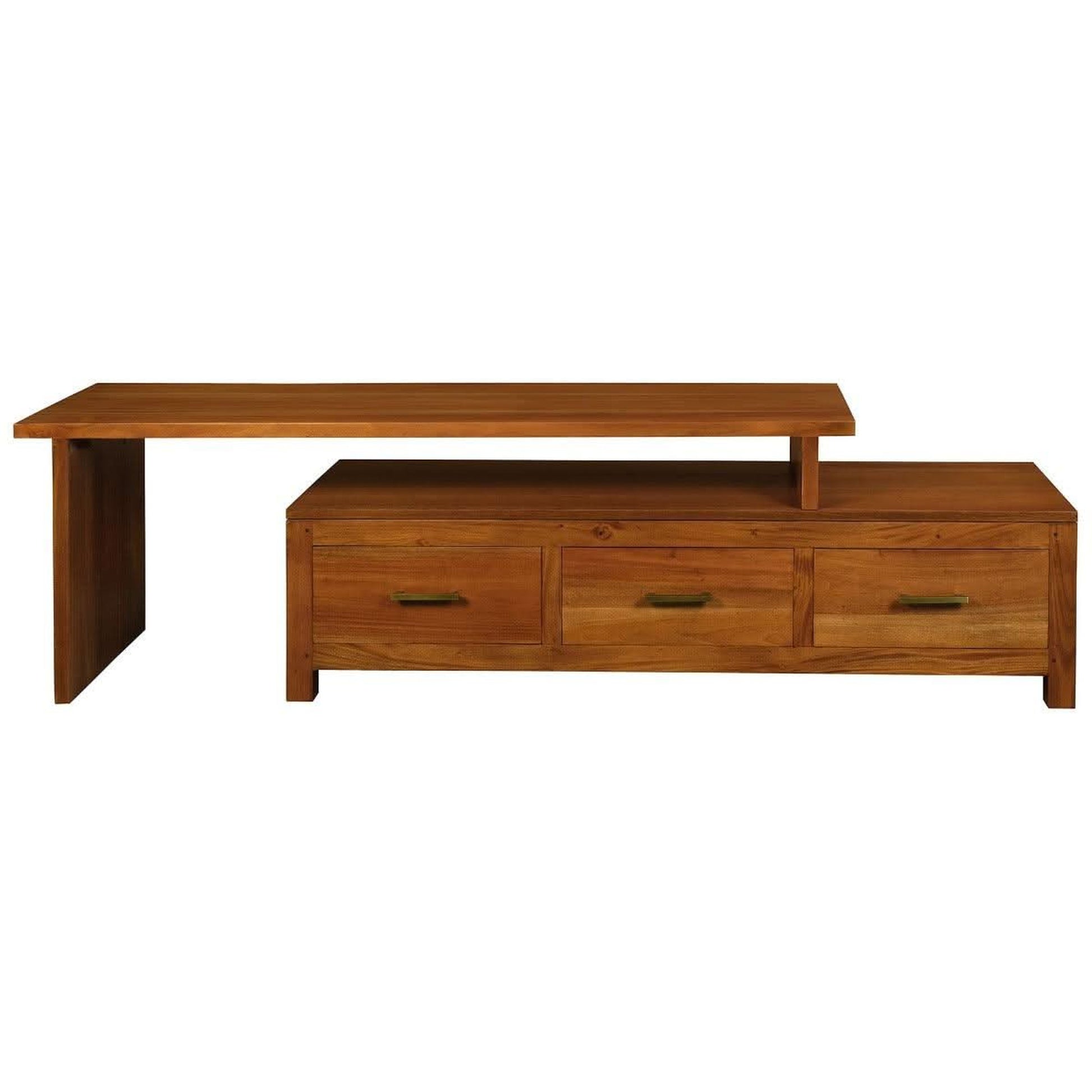 Paris Solid Mahogany Extension TV Unit 150cm with 3 Drawers in Light Pecan - Chocolate Wood