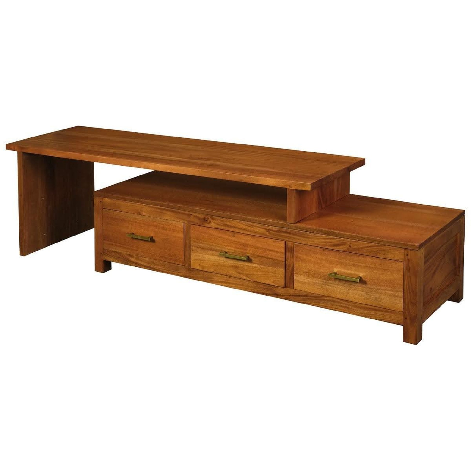 Paris Solid Mahogany Extension TV Unit 150cm with 3 Drawers in Light Pecan - Chocolate Wood