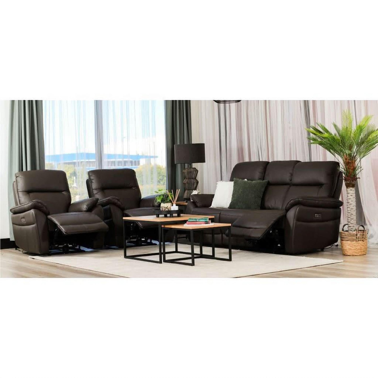 Persi Genuine Leather 3-Piece Lounge Suite in Brown - Chocolate Wood