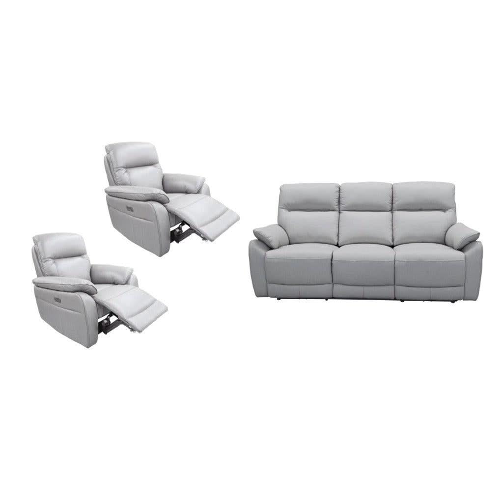 PERSI GENUINE LEATHER 3-SEATER + 2 SINGLE RECLINERS (ARMCHAIRS) SUITE SILVER 3 PIECE LOUNGE SET - MyChocolateWood