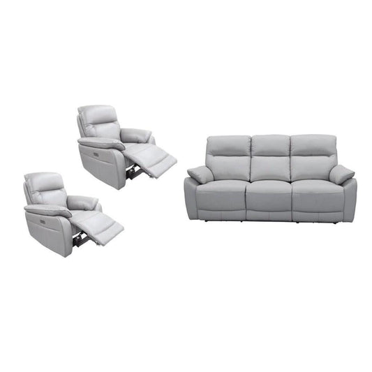 PERSI GENUINE LEATHER 3-SEATER + 2 SINGLE RECLINERS (ARMCHAIRS) SUITE SILVER 3 PIECE LOUNGE SET - MyChocolateWood