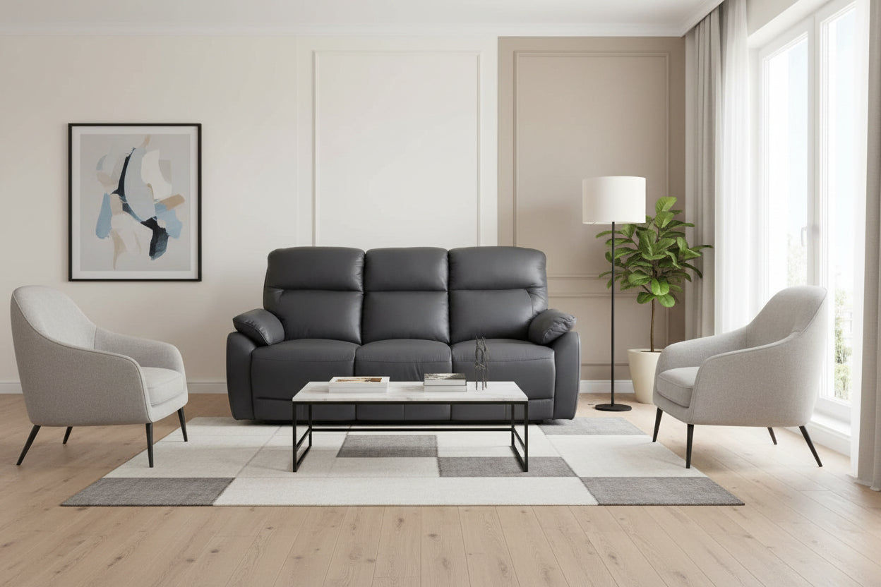 PERSI GENUINE LEATHER 3 SEATER SOFA WITH 2 POWER RECLINERS BLACK - MyChocolateWood