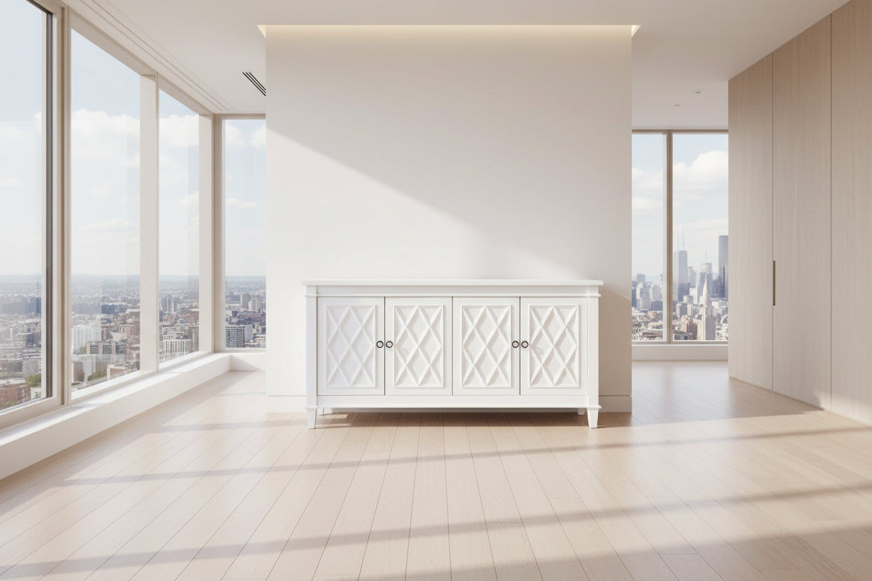 PLANTATION HAMPTON STYLE 4-DOOR BUFFET IN WHITE MDF - MyChocolateWood