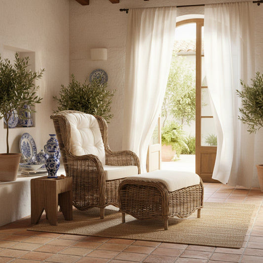 PRINCE CHAIR / RATTAN LOUNGE CHAIR/ ACCENT CHAIR/ ARMCHAIR - KUBU GREY + OTTOMAN - MyChocolateWood