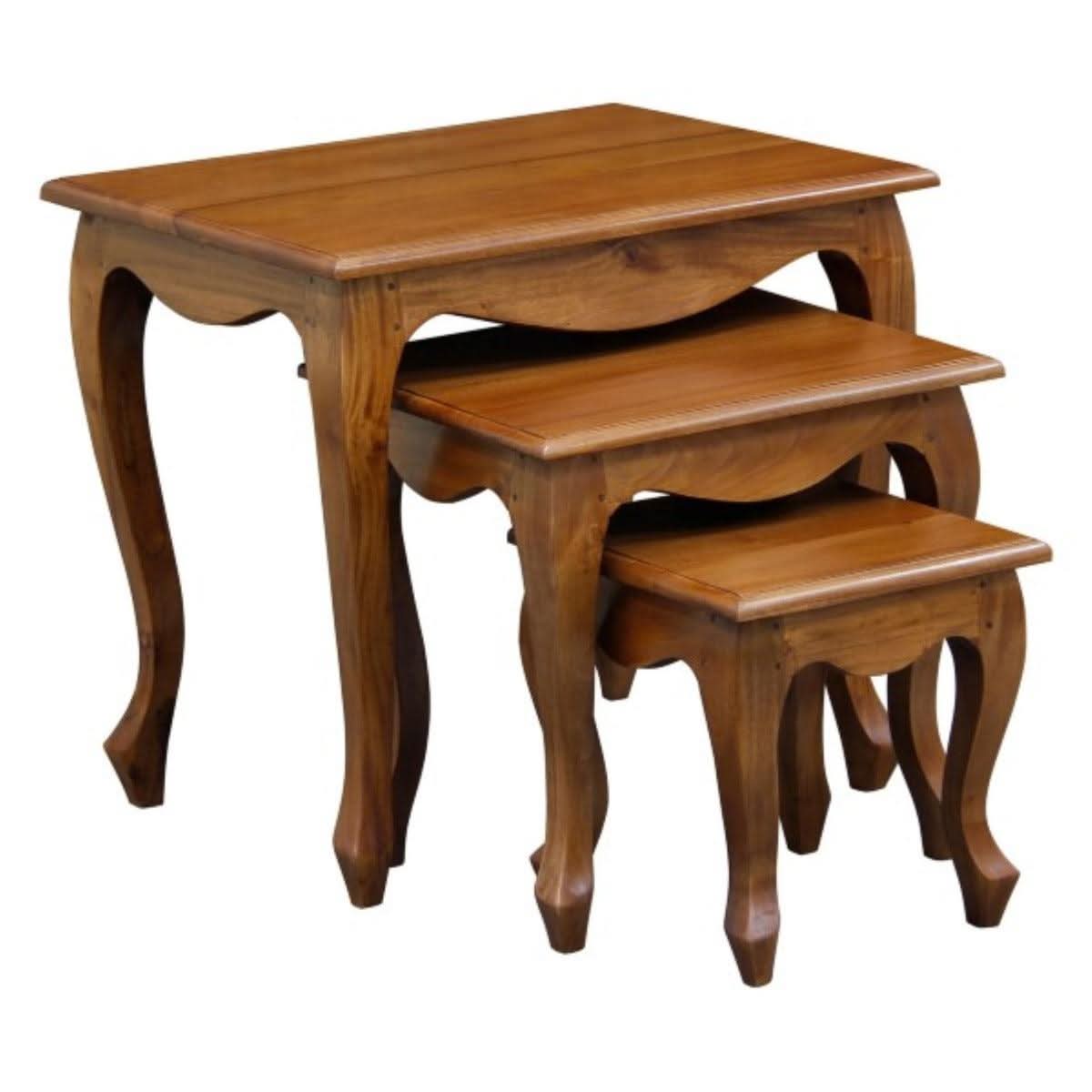 Queen Ann Solid Mahogany Nest of Tables, Set of 3, in Light Pecan - Chocolate Wood