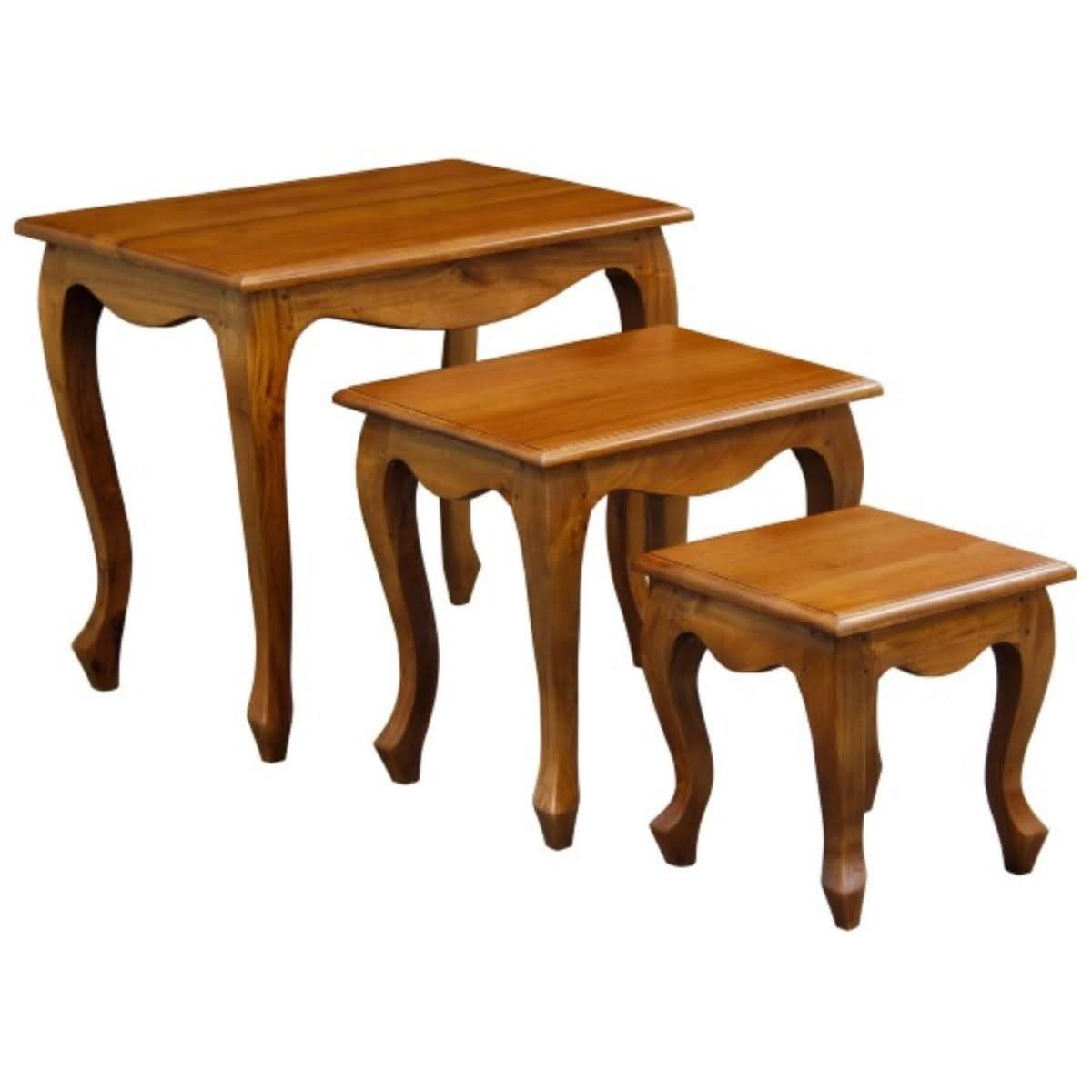 Queen Ann Solid Mahogany Nest of Tables, Set of 3, in Light Pecan - Chocolate Wood