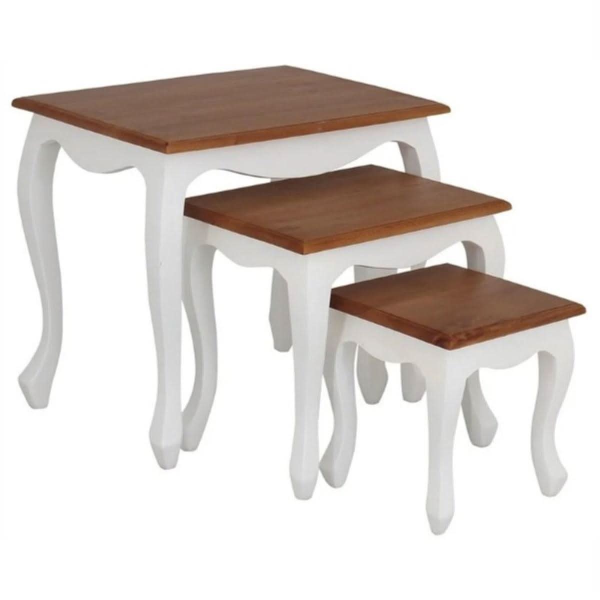 Queen Ann Solid Mahogany Nest of Tables, Set of 3, in White & Caramel - Chocolate Wood