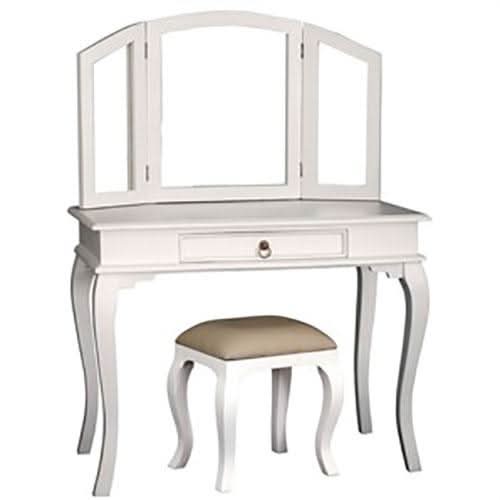 QUEEN ANN SOLID MAHOGANY WHITE DRESSING TABLE WITH MIRROR AND STOOL - MyChocolateWood