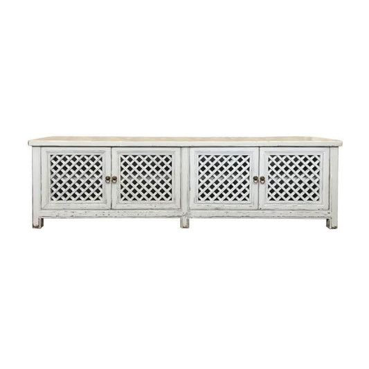 RAFAEL RECYCLED ELM TV UNIT IN DISTRESSED WHITE 4 LATTICE DOORS WITH A RUBBED BACK FINISH - MyChocolateWood