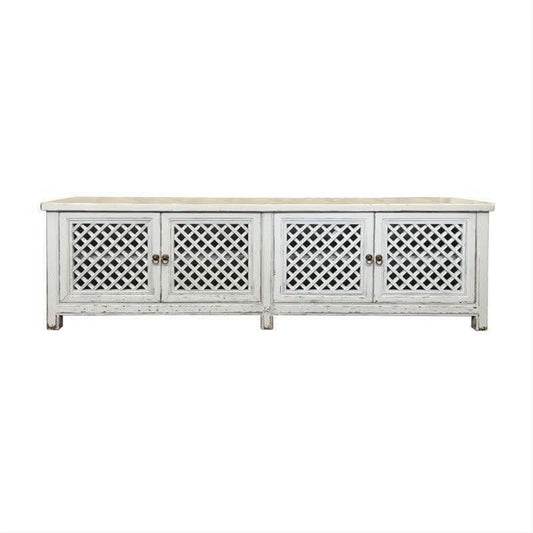 Rafael Recycled Elm TV Unit in Distressed White, 4 Lattice Doors 200cm - Chocolate Wood