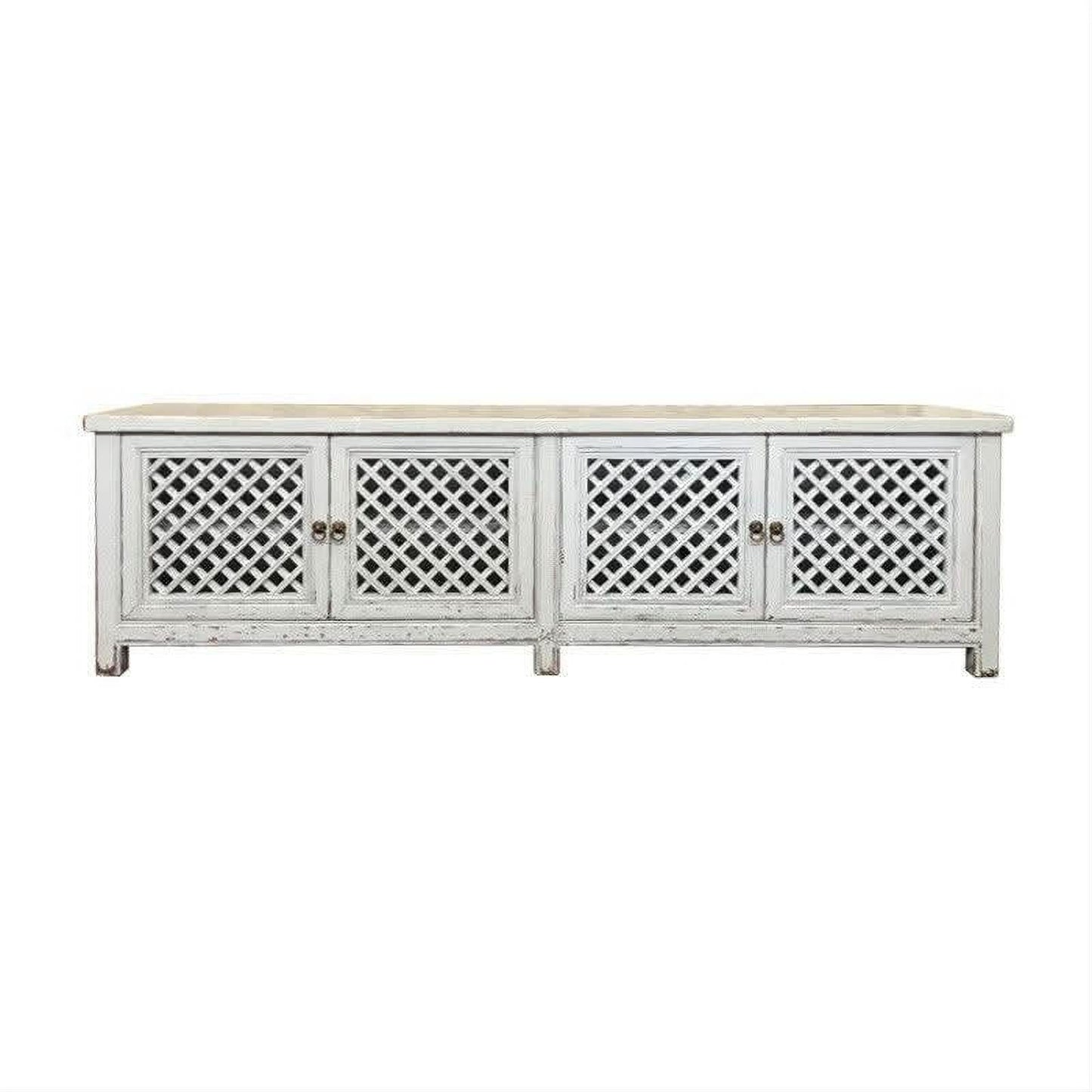Rafael Recycled Elm TV Unit in Distressed White, 4 Lattice Doors 200cm - Chocolate Wood
