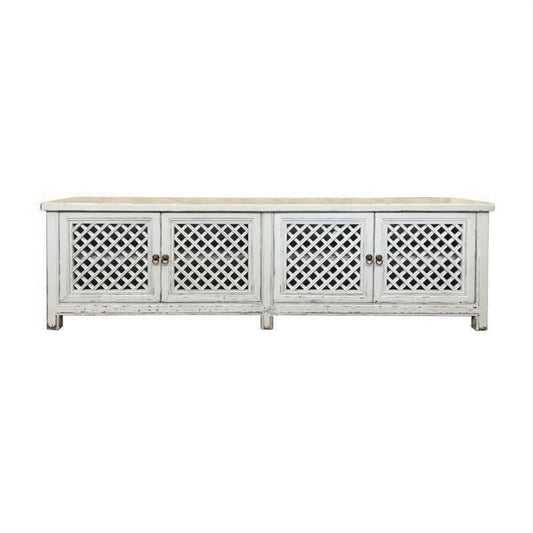 Rafael Recycled Elm TV Unit in Distressed White, 4 Lattice Doors 200cm - Chocolate Wood