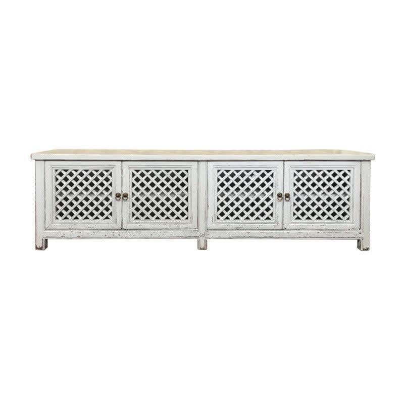Rafael Recycled Elm TV Unit in Distressed White, 4 Lattice Doors 200cm - Chocolate Wood