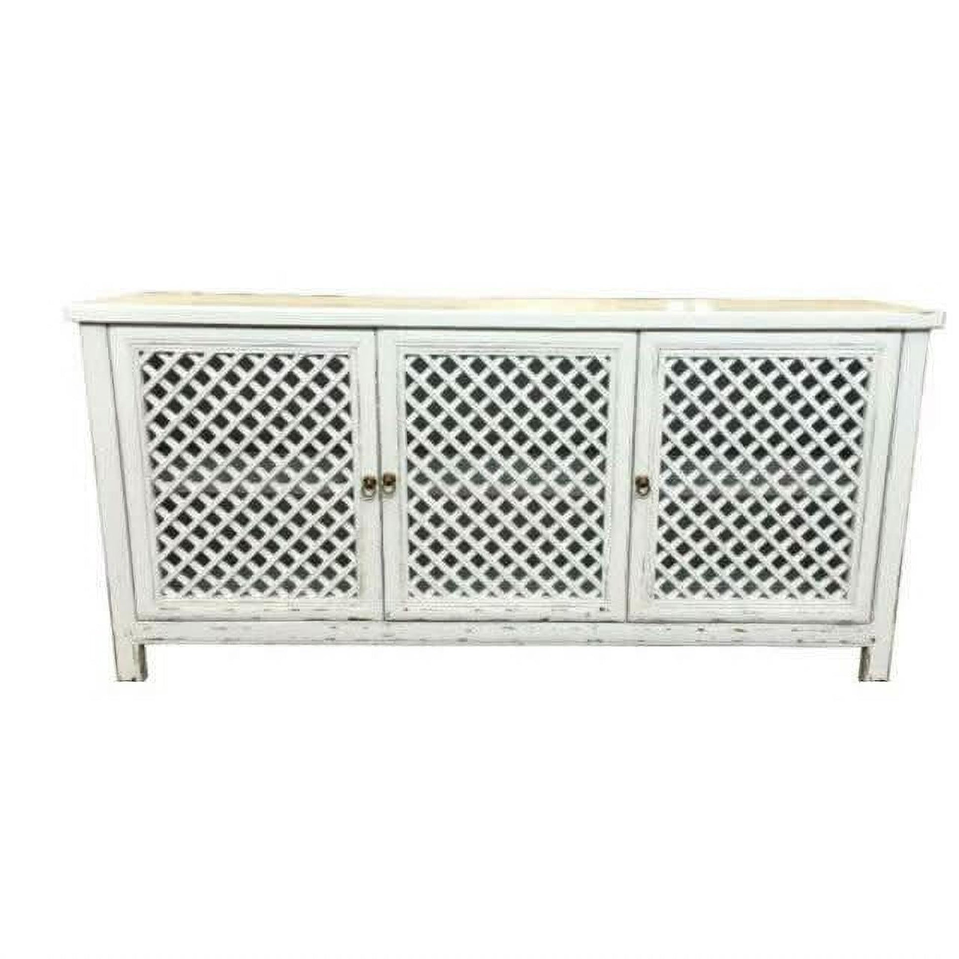 Rafael Recycled Elm Buffet in Distressed White, 3 Lattice Doors 180cm - Chocolate Wood