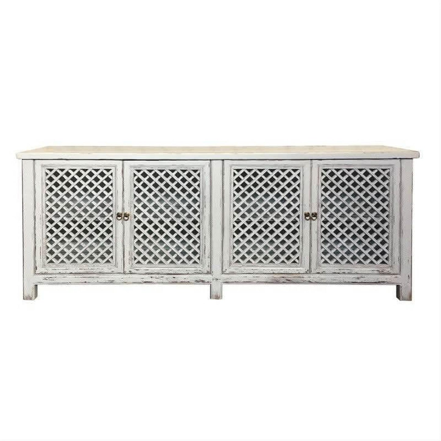 Rafael Recycled Elm Buffet in Distressed White, 4 Lattice Doors 220cm - Chocolate Wood