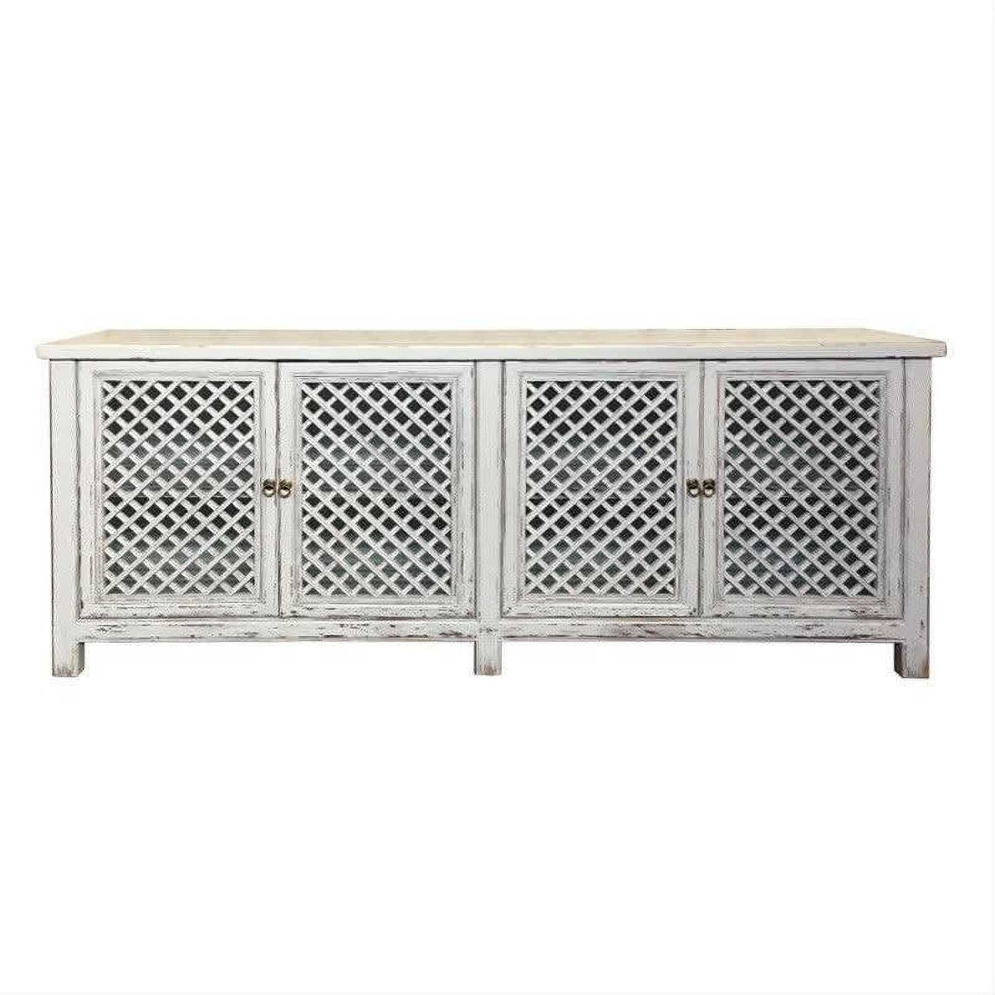 Rafael Recycled Elm Buffet in Distressed White, 4 Lattice Doors 220cm - Chocolate Wood