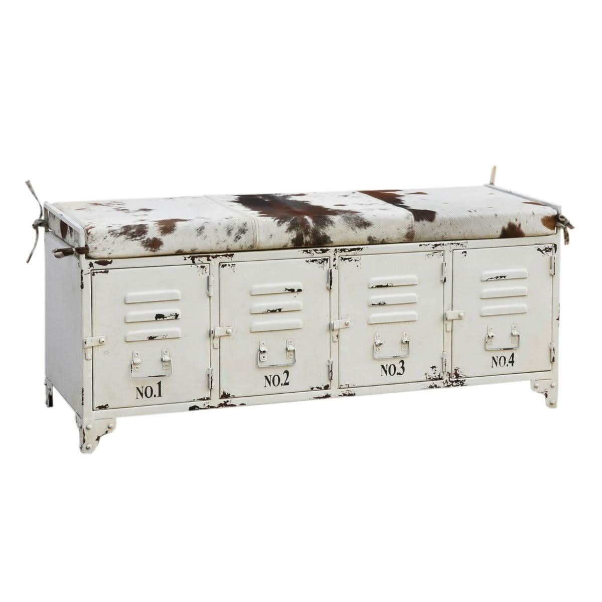 RANCHI COWHIDE IRON LOCKER BENCH WITH 4 DOORS - MyChocolateWood