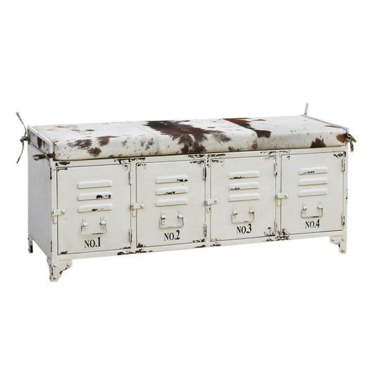 RANCHI COWHIDE IRON LOCKER BENCH WITH 4 DOORS - MyChocolateWood