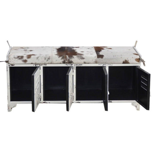 RANCHI COWHIDE IRON LOCKER BENCH WITH 4 DOORS