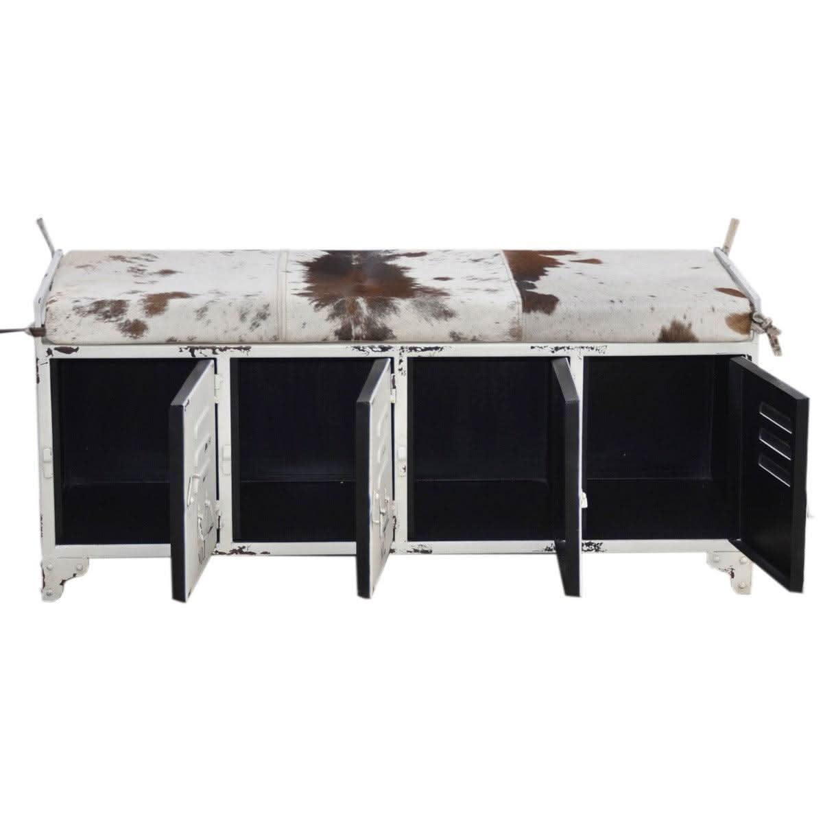 RANCHI COWHIDE IRON LOCKER BENCH WITH 4 DOORS - MyChocolateWood